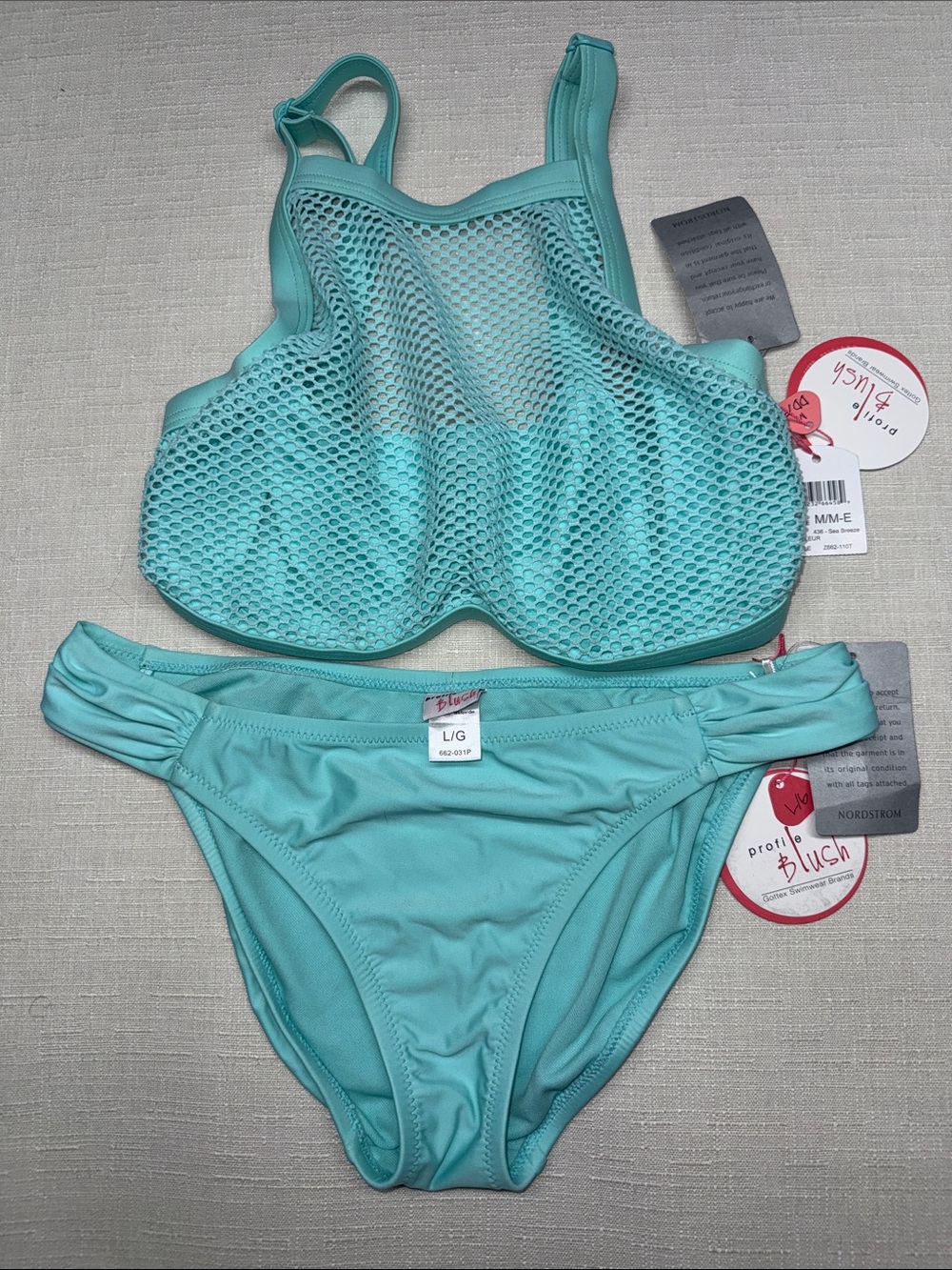 Blush Teal Mesh High-Neck Bikini Top & Matching Bottoms Top M-E Bottom L